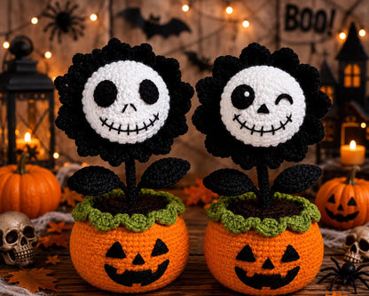 Crochet Halloween Pumpkin Pot, Skull Flower Amigurumi Decor, Spooky Cute Desk Decor, Handmade Halloween Gift, Handmade Gothic Home Decor