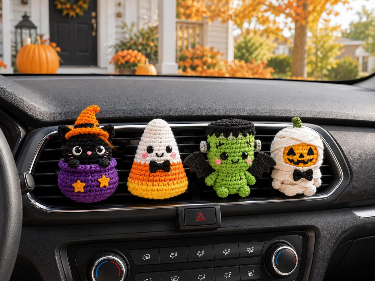 Halloween Crochet Car Vent Clip, Cute Car Decor,Plant Lover Gift,Cute Halloween Amigurumi Plush,Black Cat Ghost Bat Skeleton Car Accessories