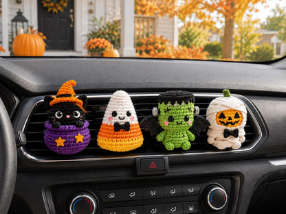 Halloween Crochet Car Vent Clip, Cute Car Decor,Plant Lover Gift,Cute Halloween Amigurumi Plush,Black Cat Ghost Bat Skeleton Car Accessories