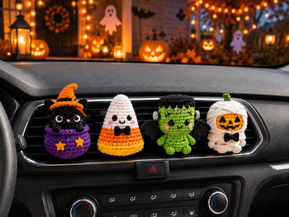 Halloween Crochet Car Vent Clip, Cute Car Decor,Plant Lover Gift,Cute Halloween Amigurumi Plush,Black Cat Ghost Bat Skeleton Car Accessories