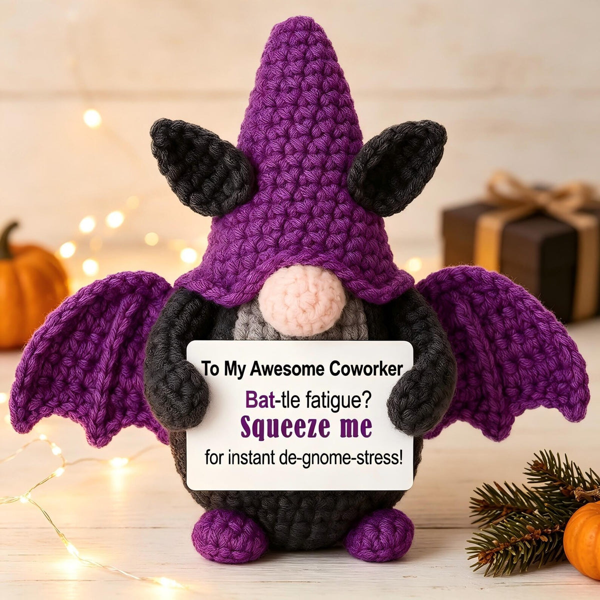 Handmade Crochet Bat Gnome Plush, Funny Halloween Coworker Gift, Stress Relief Pocket Hug, Desk Decor