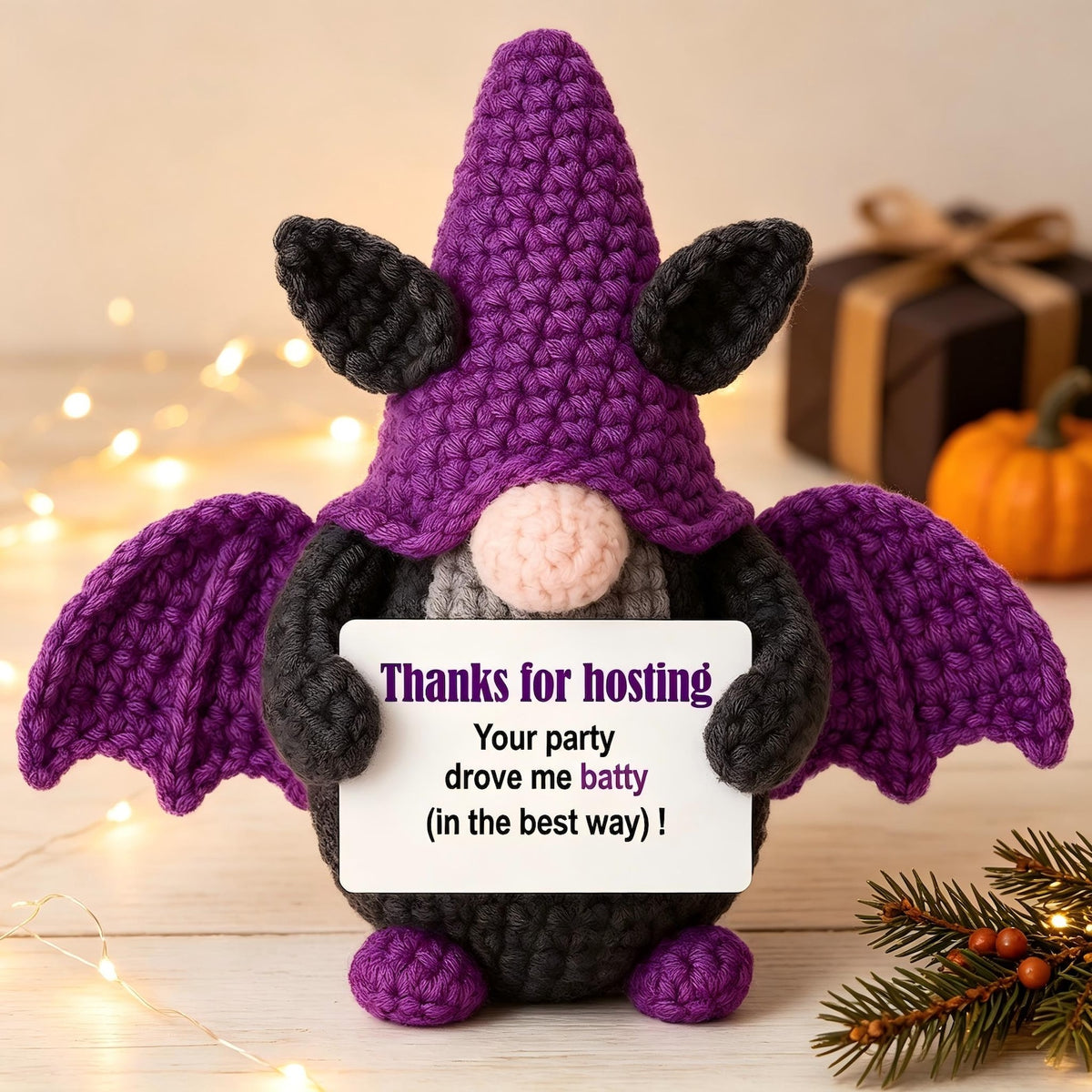 Handmade Crochet Bat Gnome Plush, Funny Halloween Coworker Gift, Stress Relief Pocket Hug, Desk Decor