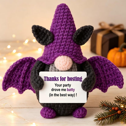 Handmade Crochet Bat Gnome Plush, Funny Halloween Coworker Gift, Stress Relief Pocket Hug, Desk Decor