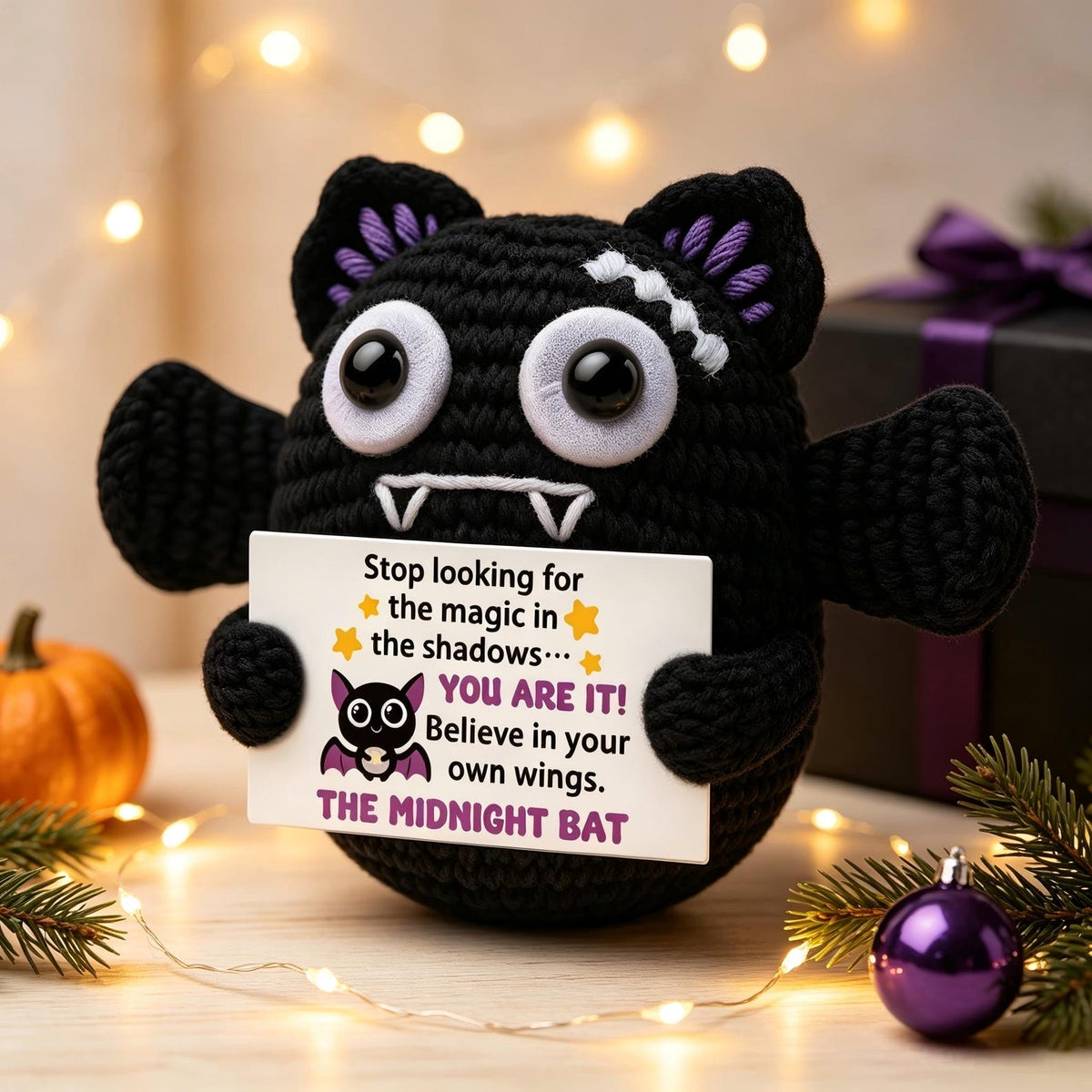 Handmade Crochet Positive Bat Plush, Funny Halloween Pocket Hug, Motivational Desk Decor