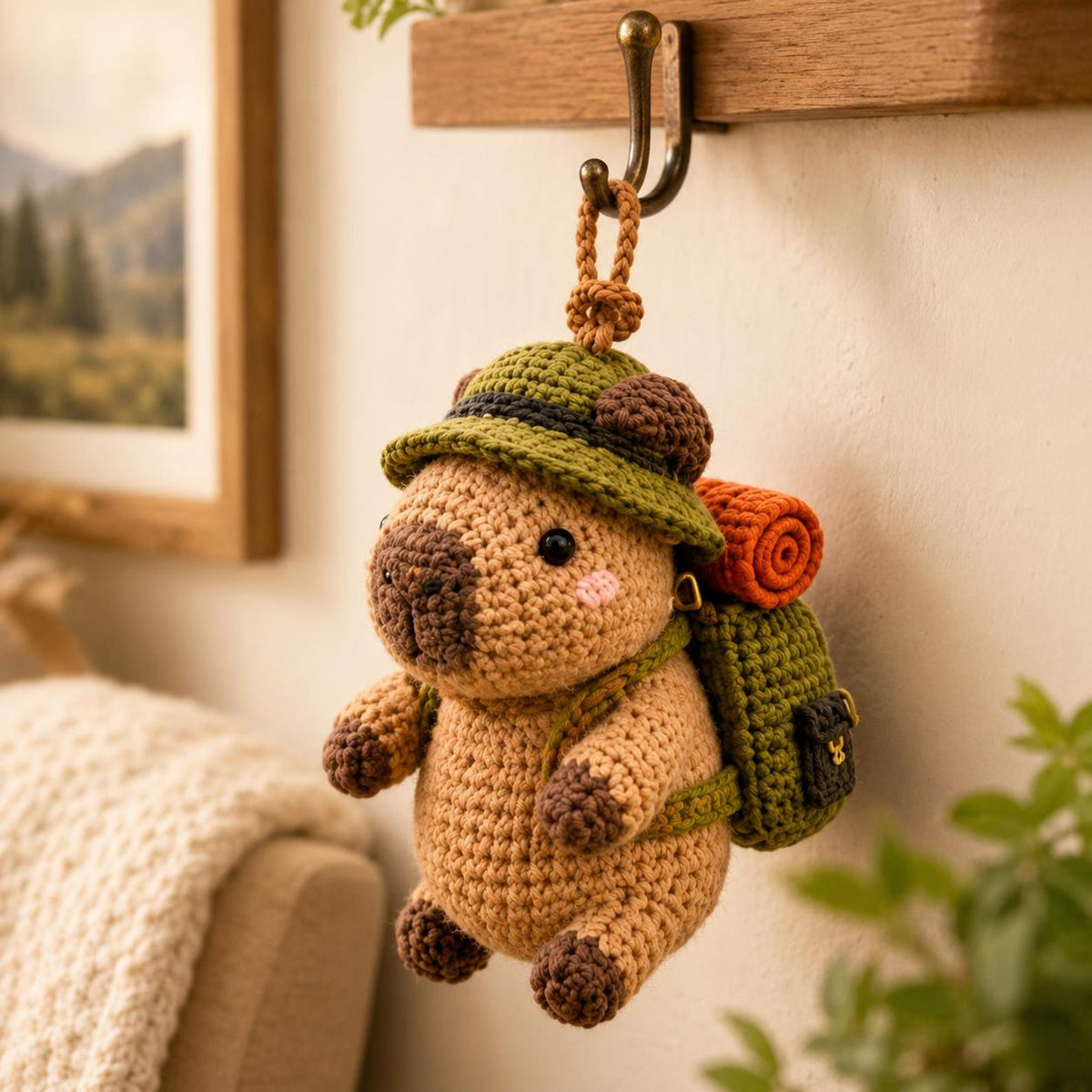 Crochet Camping Capybara Car Hanging, Amigurumi Hiker Animal Rearview Mirror Charm, Backpack Keychain Plush, Nature Lover Gift, Hiker Gift