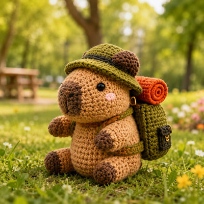 Crochet Camping Capybara Car Hanging, Amigurumi Hiker Animal Rearview Mirror Charm, Backpack Keychain Plush, Nature Lover Gift, Hiker Gift