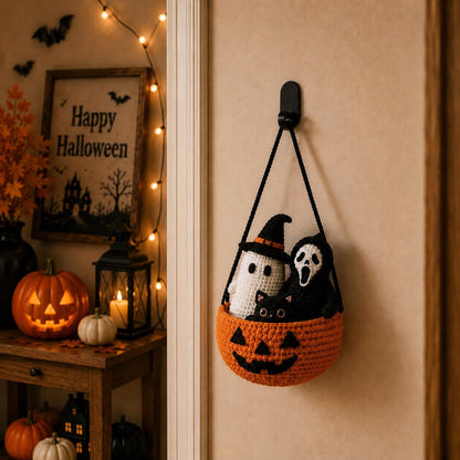 Crochet Pumpkin Plant Decor, Handmade Hanging Basket with Ghost Cat & Mushroom,Cute Autumn Crochet Decoration,Halloween Gift,Halloween Decor