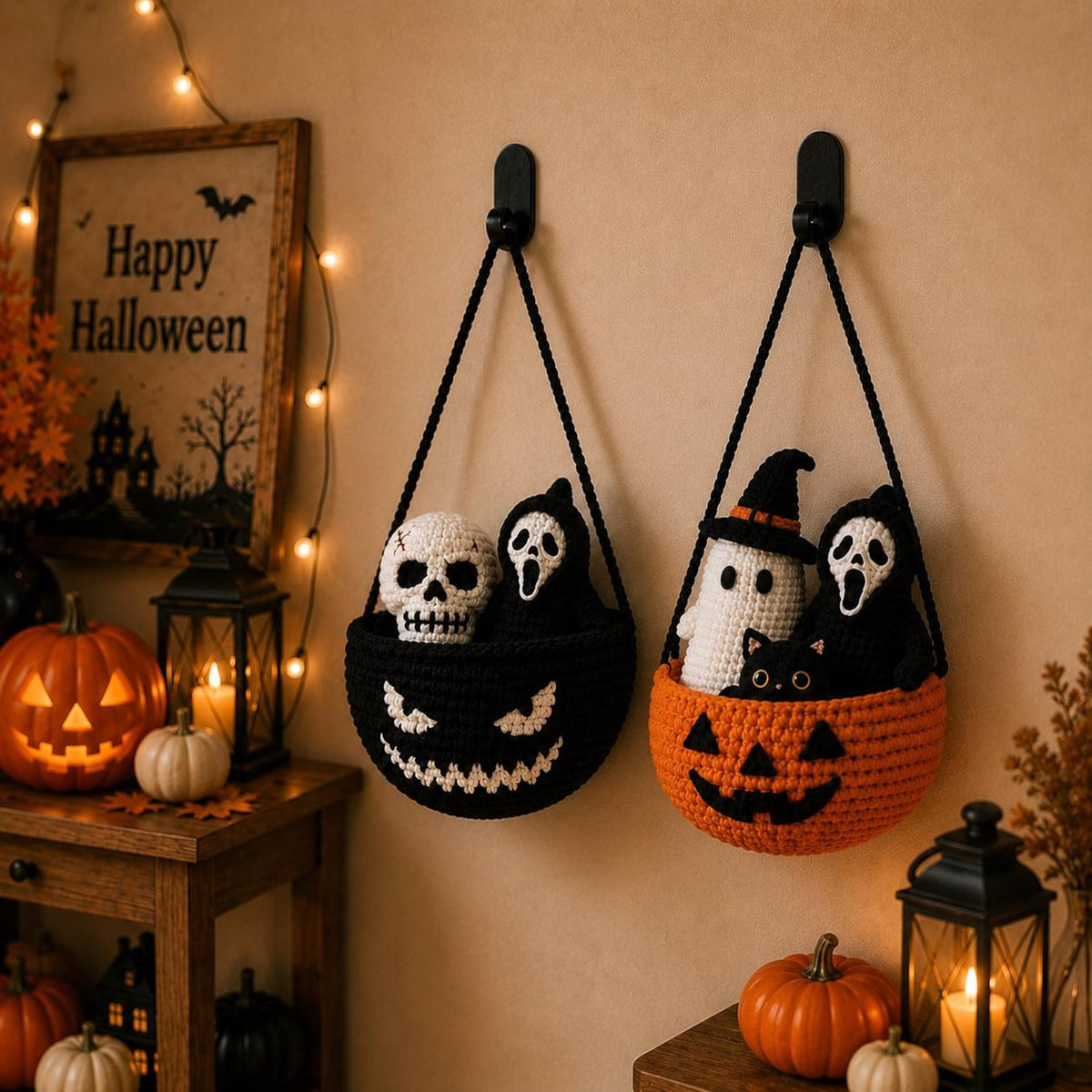 Crochet Pumpkin Plant Decor, Handmade Hanging Basket with Ghost Cat & Mushroom,Cute Autumn Crochet Decoration,Halloween Gift,Halloween Decor