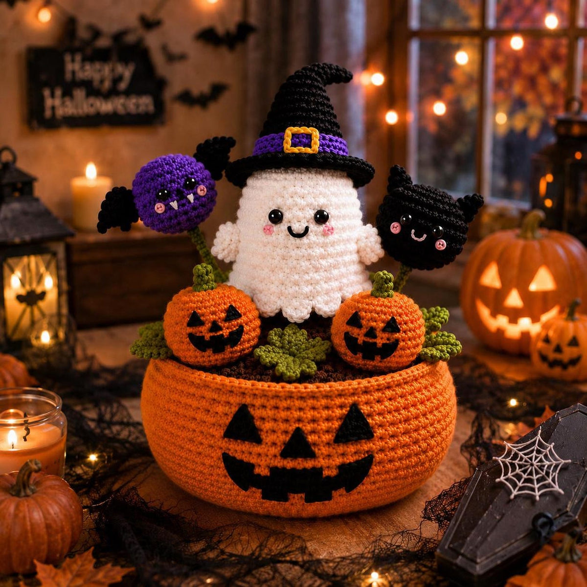 Crochet Halloween Pumpkin Ghost Pot, Spooky Pumpkin Decor, Ghost Flower Pot,Halloween Desk Decor, Halloween Gift, Handmade Gothic Home Decor