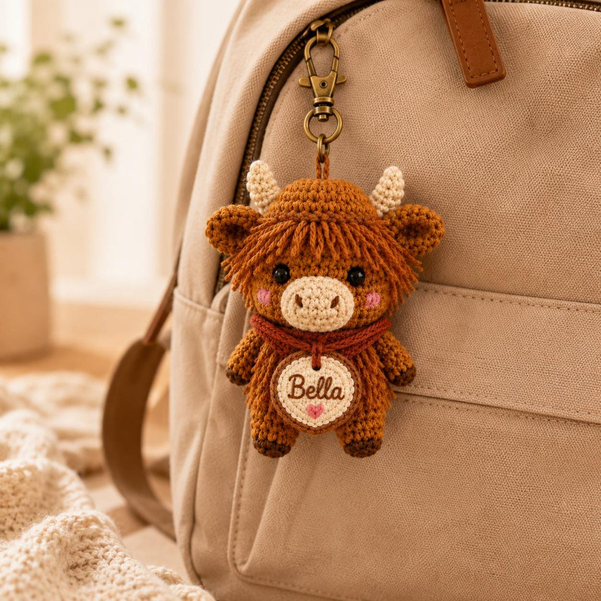 Personalized Highland Cow Crochet Car Charm, Custom Name Amigurumi Cow Rearview Mirror Accessory, Cute Farm Animal Plush Gift for New Driver