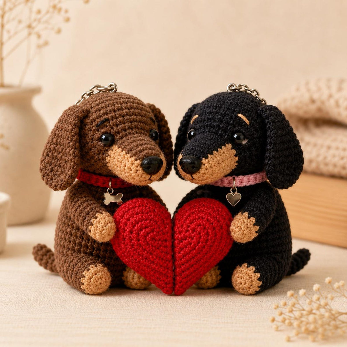 Magnetic Dachshund Couple Keychain Set, Crochet Wiener Dog Plush, Matching Couple Gift, Long Distance Relationship, Dog Lover Gift