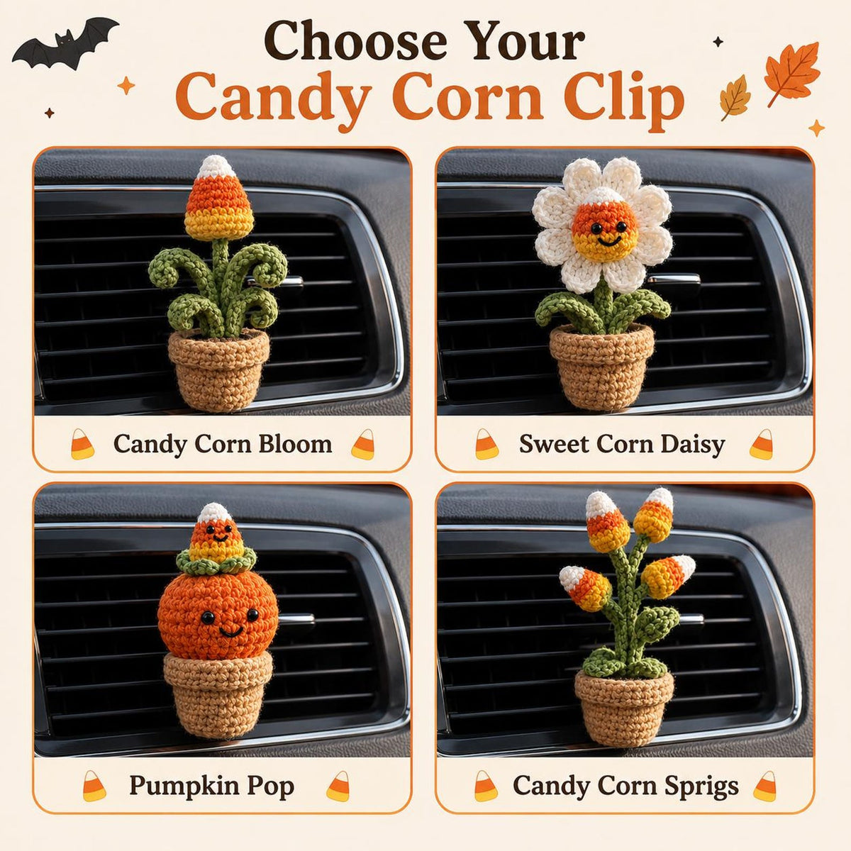 Halloween Crochet Car Vent Clip, Candy Corn Plant Car Decor, Cute Fall Car Accessories, Handmade Spooky Dashboard Charm Gift