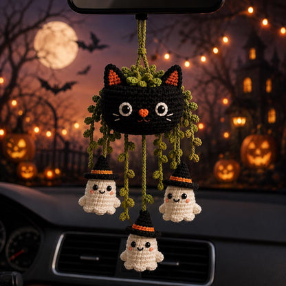 Crochet Halloween Car Charm and Door Hanger, Ghost Cat Hanging Decoration, Cute Spooky Rearview Mirror Ornament, Crochet Ghost Plant Decor