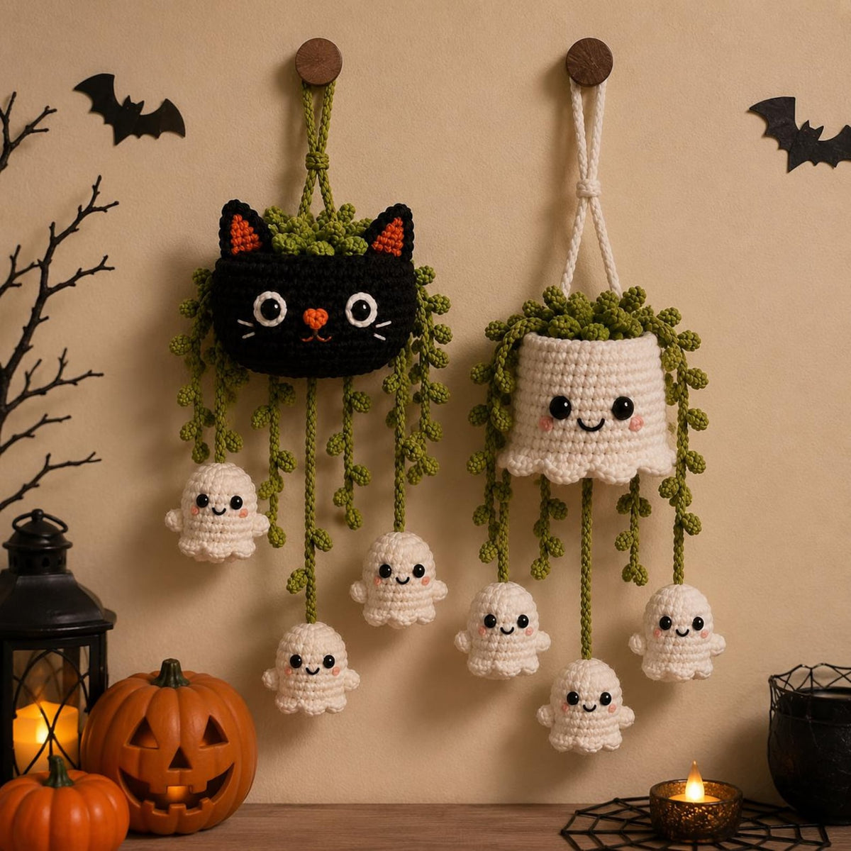 Crochet Halloween Car Charm and Door Hanger, Ghost Cat Hanging Decoration, Cute Spooky Rearview Mirror Ornament, Crochet Ghost Plant Decor