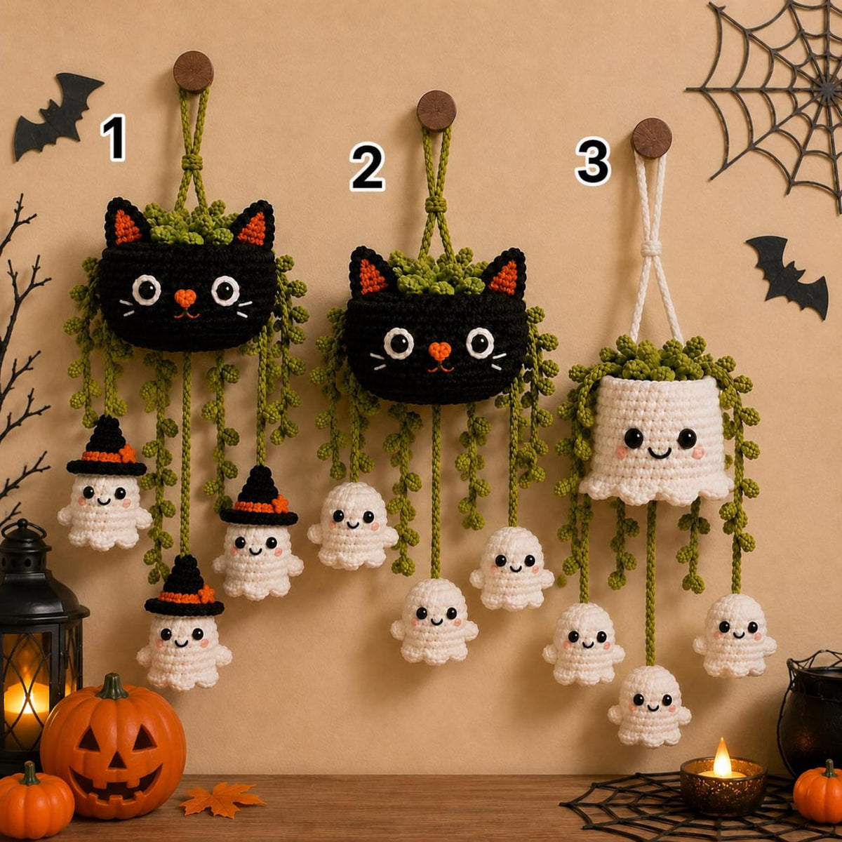 Crochet Halloween Car Charm and Door Hanger, Ghost Cat Hanging Decoration, Cute Spooky Rearview Mirror Ornament, Crochet Ghost Plant Decor