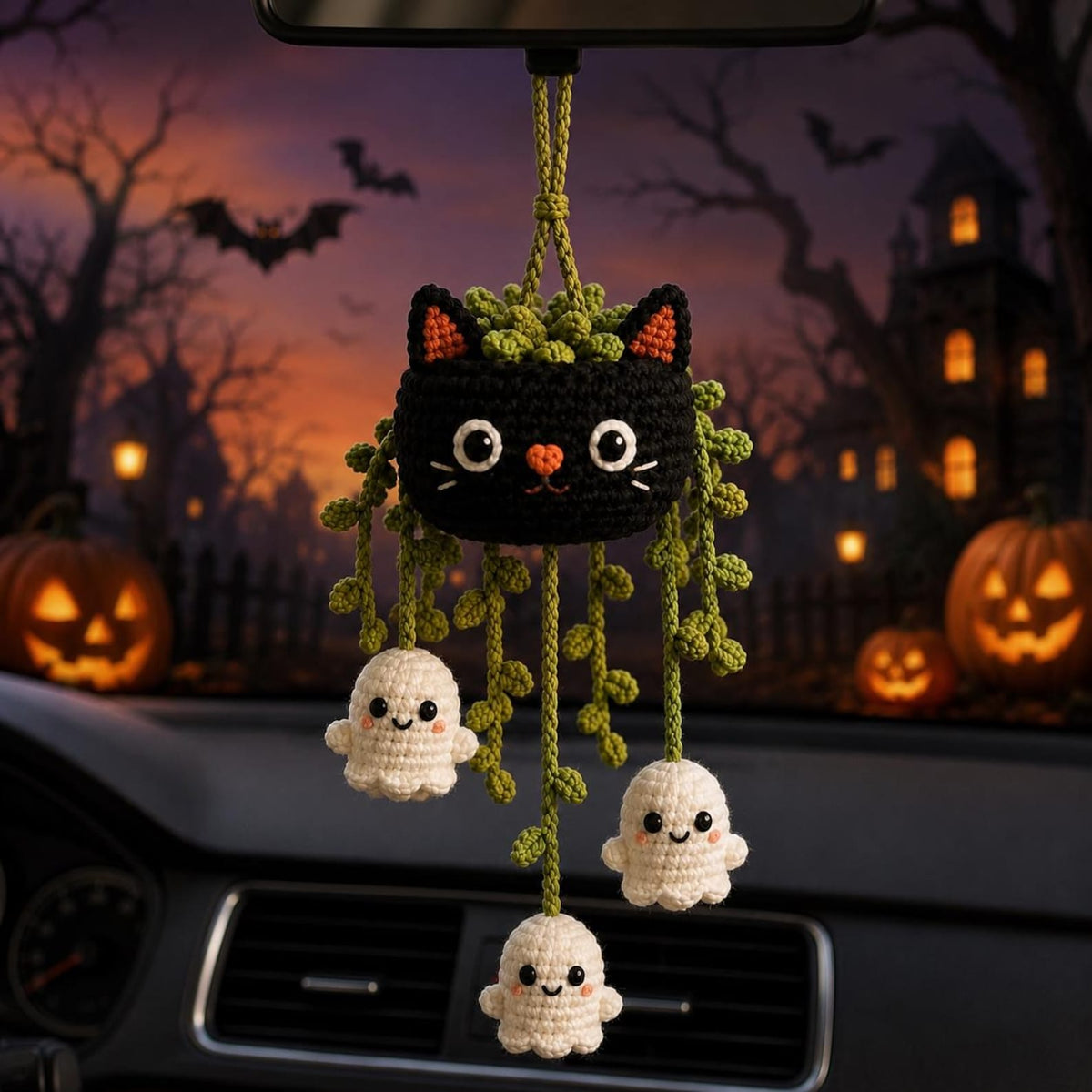 Crochet Halloween Car Charm and Door Hanger, Ghost Cat Hanging Decoration, Cute Spooky Rearview Mirror Ornament, Crochet Ghost Plant Decor