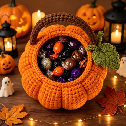 Handmade Crochet Pumpkin Treat Basket, Kids Halloween Trick-or-Treat Bag, Cute Candy Bucket