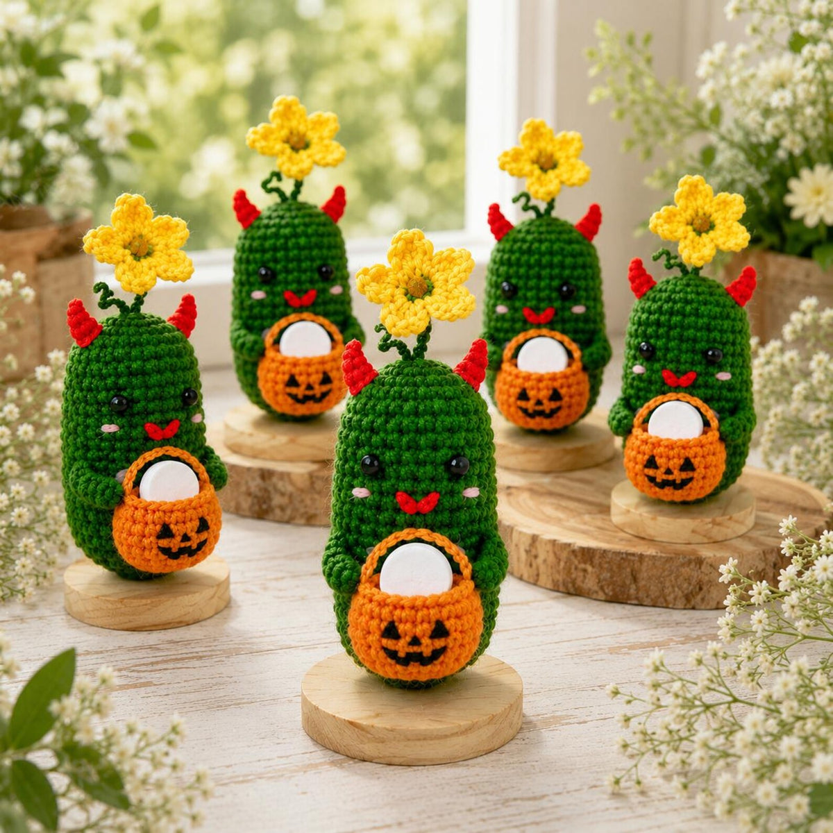 Crochet Halloween Pickle with Pumpkin Bucket Fragrance Holder, Cute Devil Amigurumi Desk Decor, Handmade Funny Halloween Gift