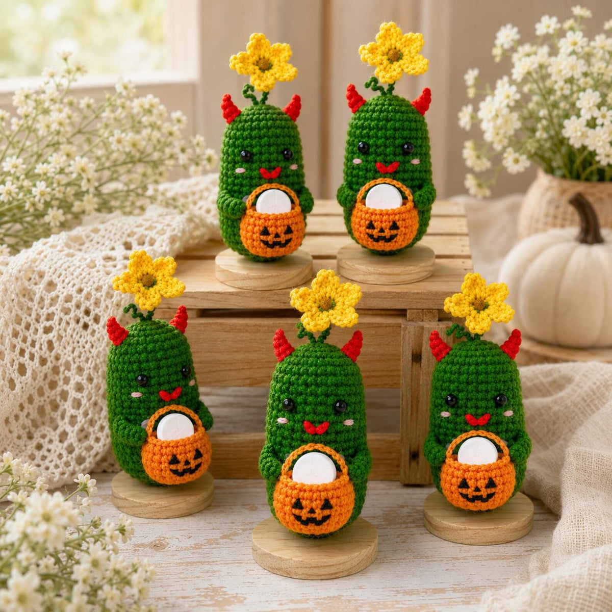 Crochet Halloween Pickle with Pumpkin Bucket Fragrance Holder, Cute Devil Amigurumi Desk Decor, Handmade Funny Halloween Gift