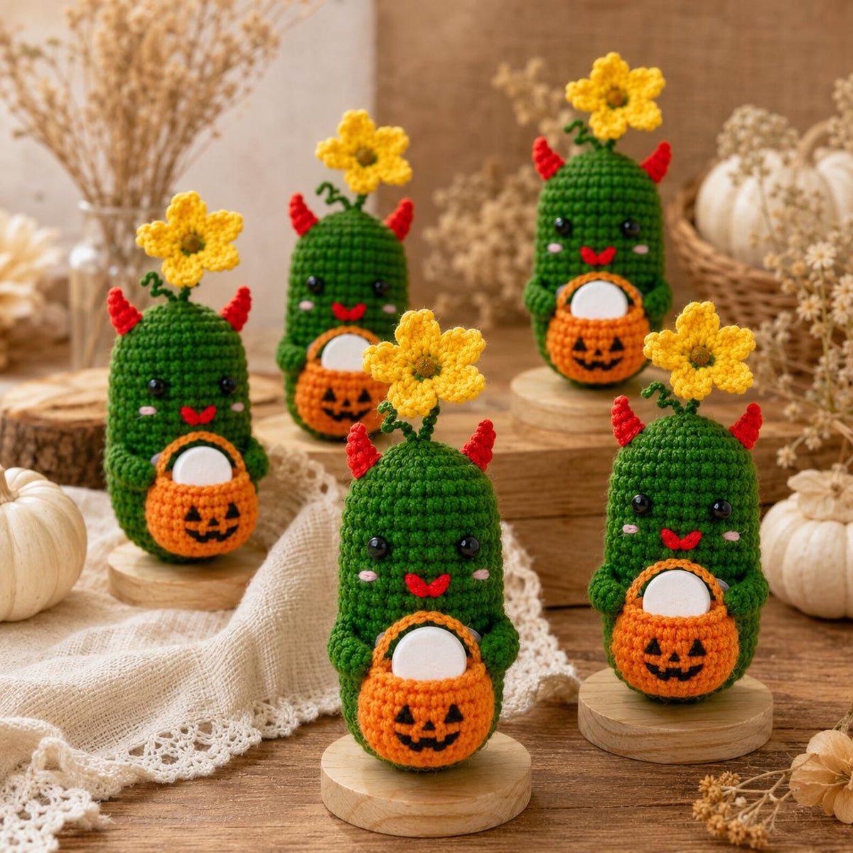 Crochet Halloween Pickle with Pumpkin Bucket Fragrance Holder, Cute Devil Amigurumi Desk Decor, Handmade Funny Halloween Gift