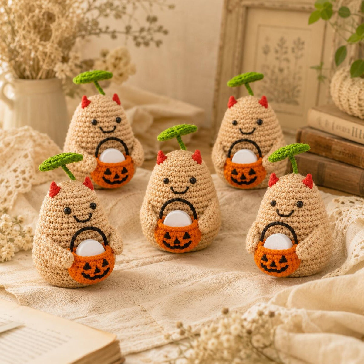 Crochet Halloween Potato with Pumpkin Bucket Fragrance Holder, Cute Devil Amigurumi Desk Decor, Potato Lover Gift