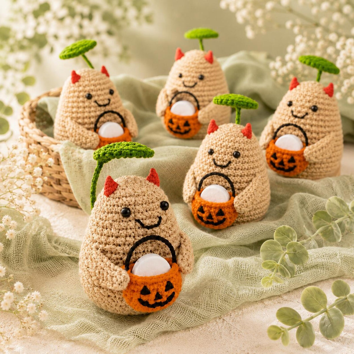 Crochet Halloween Potato with Pumpkin Bucket Fragrance Holder, Cute Devil Amigurumi Desk Decor, Potato Lover Gift