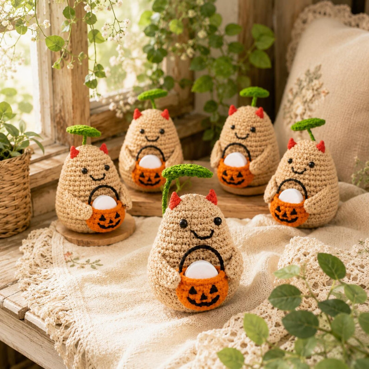 Crochet Halloween Potato with Pumpkin Bucket Fragrance Holder, Cute Devil Amigurumi Desk Decor, Potato Lover Gift