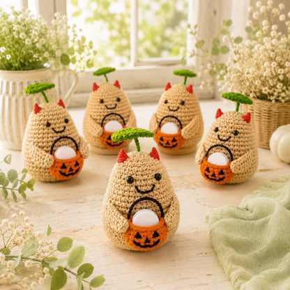 Crochet Halloween Potato with Pumpkin Bucket Fragrance Holder, Cute Devil Amigurumi Desk Decor, Potato Lover Gift