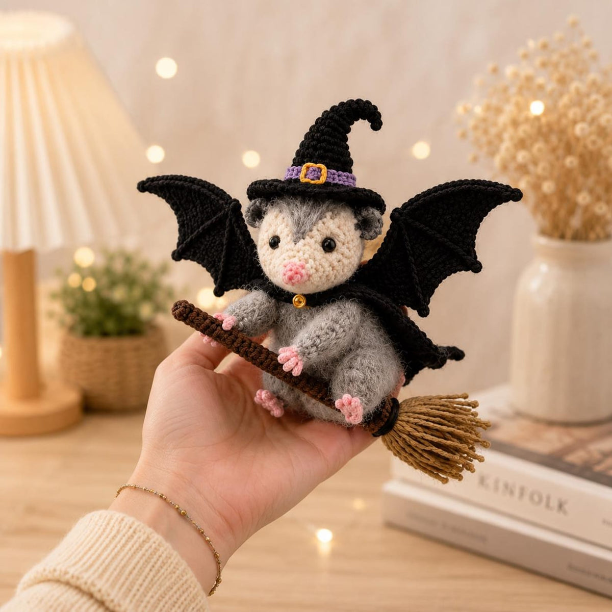 Halloween Opossum Car Charm, Crochet Witch Opossum Rearview Mirror Accessory, Bat Wings Spooky Car Decor, Creepy Cute Goth Gift for Her