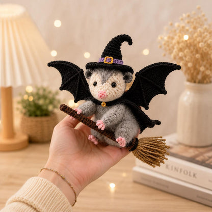 Halloween Opossum Car Charm, Crochet Witch Opossum Rearview Mirror Accessory, Bat Wings Spooky Car Decor, Creepy Cute Goth Gift for Her