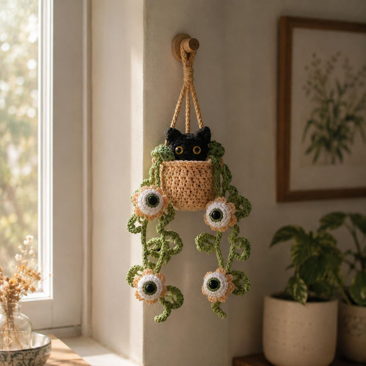 Crochet Halloween Black Cat Plant Car Hanging, Eyeball Flower Plant Car Charm, Spooky Cute Halloween Car Decor, Plant Lover Gift
