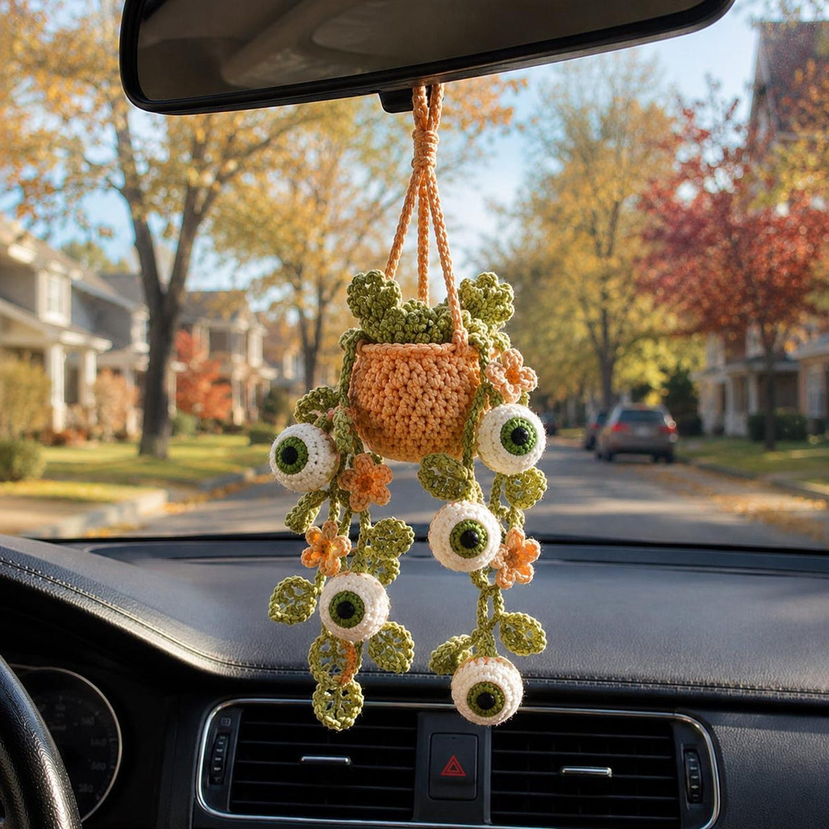 Crochet Halloween Eyeball Plant Car Hanging, Spooky Cute Rearview Mirror Charm, Halloween Car Decor, Handmade Halloween Car Accessory Gift