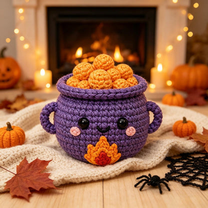 Handmade Crochet Witch Cauldron Plush, Cute Halloween Pot with Bubbles, Spooky Desk Decor, Fall Gift for Friends, Family and Coworkers