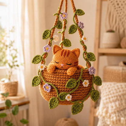 Crochet Calico Cat Hanging Plant Pot, Cute Kitten in Basket, Cat Plant Wall Decor, Unique Handcrafted Cat Lover Gift, Gift For Her