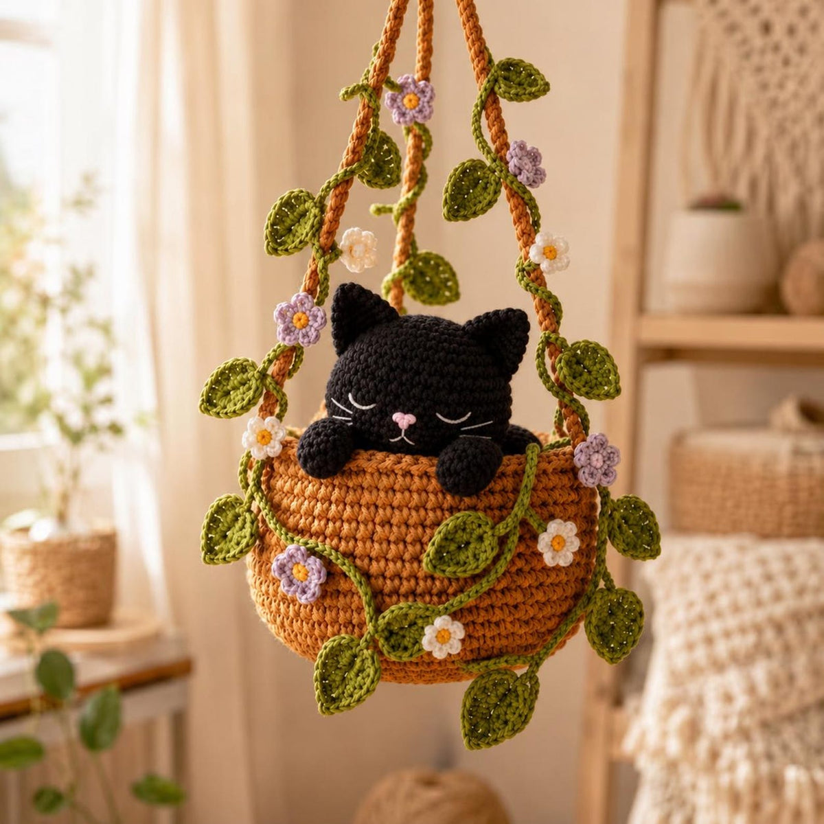 Crochet Calico Cat Hanging Plant Pot, Cute Kitten in Basket, Cat Plant Wall Decor, Unique Handcrafted Cat Lover Gift, Gift For Her
