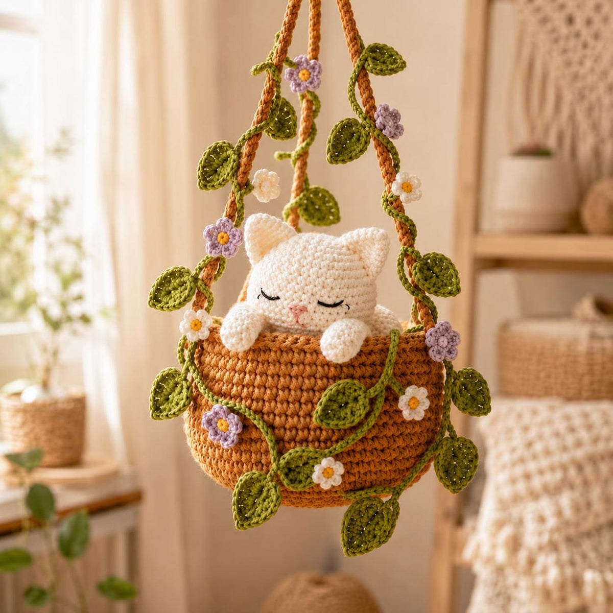 Crochet Calico Cat Hanging Plant Pot, Cute Kitten in Basket, Cat Plant Wall Decor, Unique Handcrafted Cat Lover Gift, Gift For Her