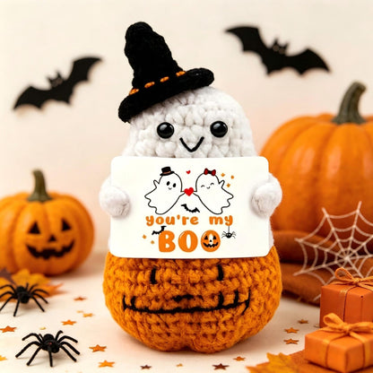 Handmade Crochet Ghost Plush, Positive Halloween Amigurumi, Cute Pumpkin Desk Decor, Spooky Season Gift