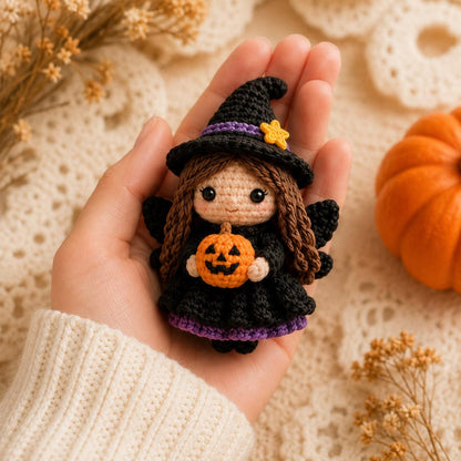 Halloween Witch Car Charm, Crochet Spooky Rearview Mirror Accessory, Cute Amigurumi Goth Decor, Pumpkin Witch Doll Gift