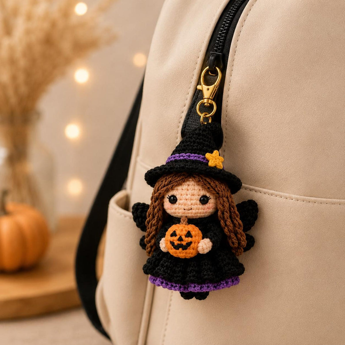 Halloween Witch Car Charm, Crochet Spooky Rearview Mirror Accessory, Cute Amigurumi Goth Decor, Pumpkin Witch Doll Gift