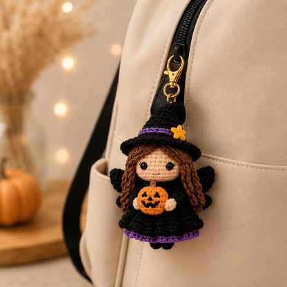 Halloween Witch Car Charm, Crochet Spooky Rearview Mirror Accessory, Cute Amigurumi Goth Decor, Pumpkin Witch Doll Gift