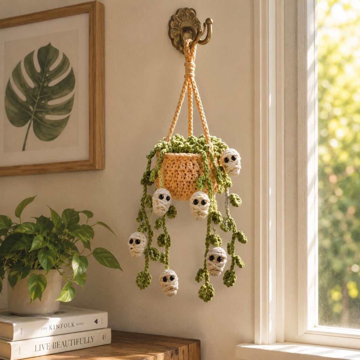 Crochet Halloween Car Plant Hanger, Handmade Mummy Plant Pot Car Charm, Spooky Cute Car Decor, Unique Car Accessory, Plant Lover Gift