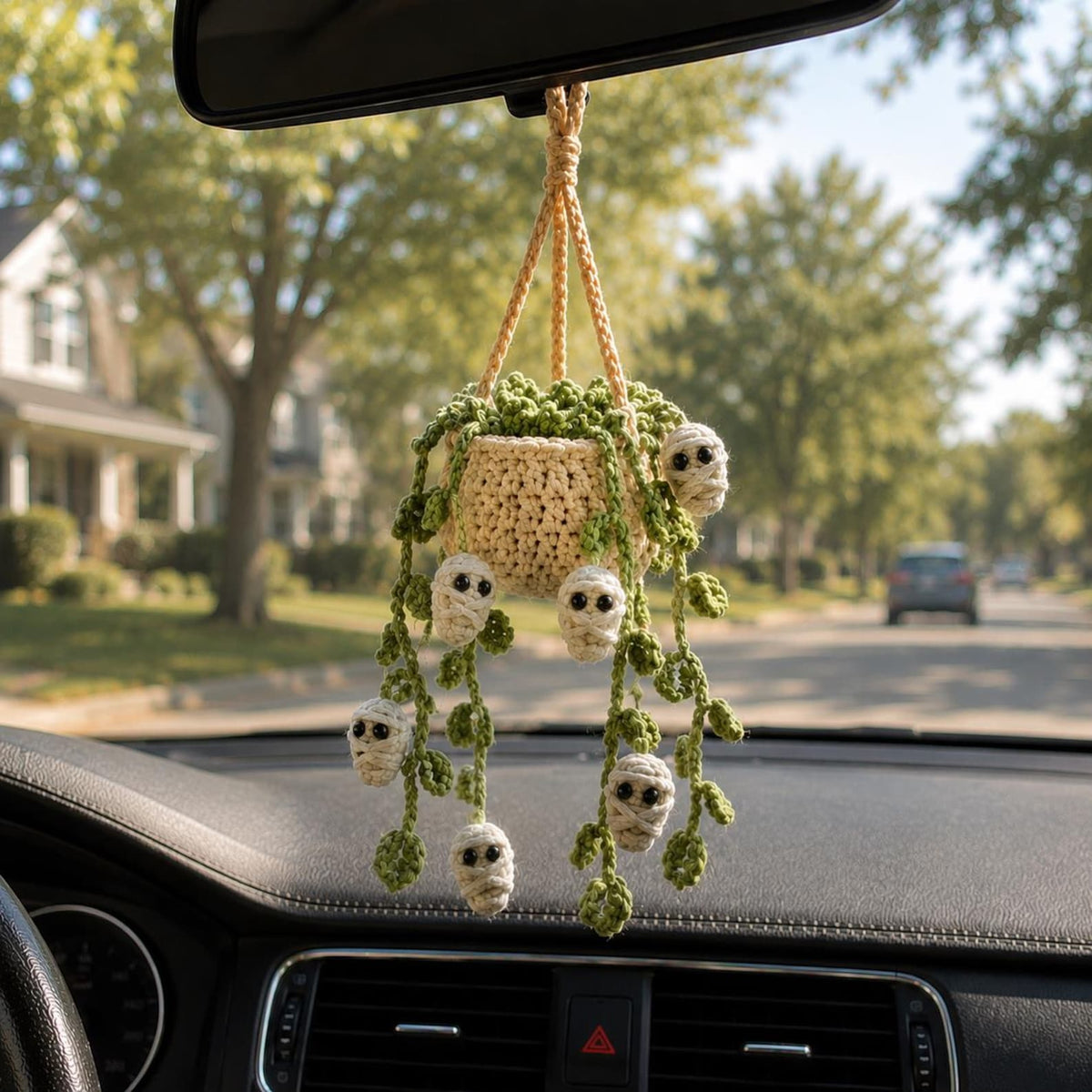 Crochet Halloween Car Plant Hanger, Handmade Mummy Plant Pot Car Charm, Spooky Cute Car Decor, Unique Car Accessory, Plant Lover Gift