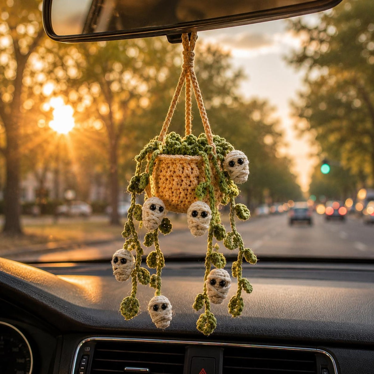 Crochet Halloween Car Plant Hanger, Handmade Mummy Plant Pot Car Charm, Spooky Cute Car Decor, Unique Car Accessory, Plant Lover Gift