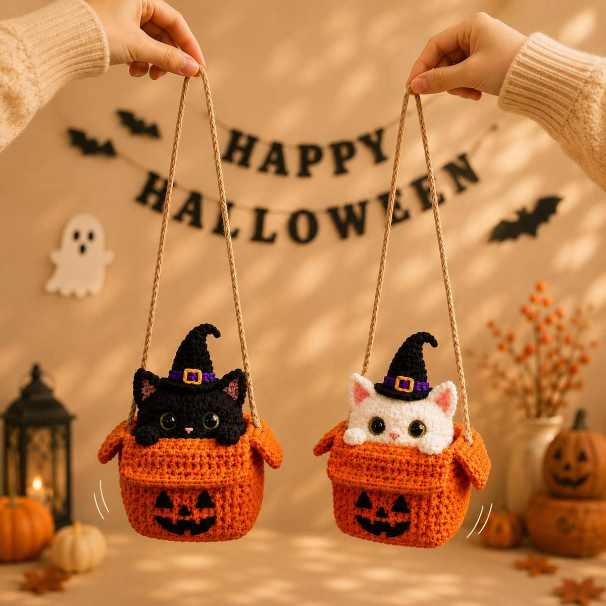 Halloween Cat Car Mirror Hanger, Crochet Pumpkin Cat Ornament, Handmade Rearview Mirror Decor, Witch Cat Car Charm, Halloween Hanging Decor