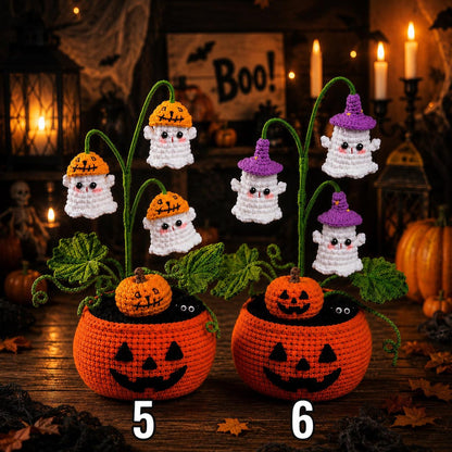 Crochet Halloween Pumpkin Ghost Pot, Spooky Pumpkin Decor, Ghost Flower Pot,Halloween Desk Decor, Halloween Gift, Handmade Gothic Home Decor