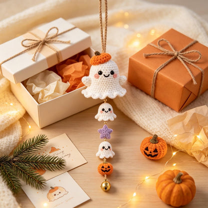 Handmade Crochet Halloween Car Charm, Cute Spooky Rearview Mirror Hanger, Thoughtful Fall Gift for Friends and Drivers