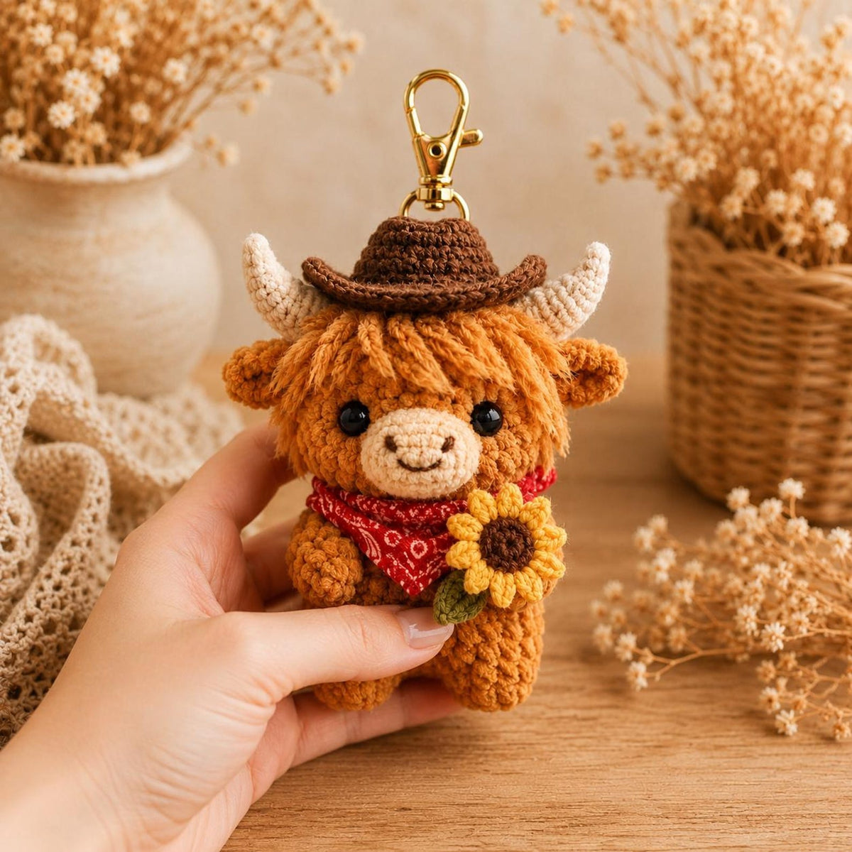 Crochet Highland Cow Keychain, Cowboy Cow Plush with Sunflower, Cute Car Mirror Hanging Charm, Farmhouse Bag Clip, Country Gift for Her