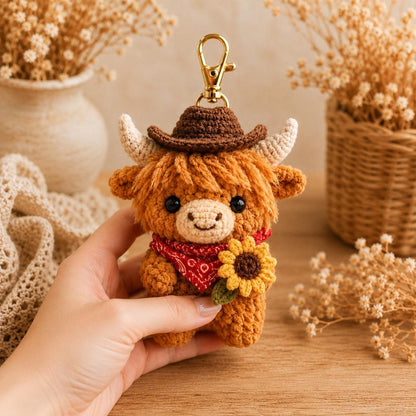 Crochet Highland Cow Keychain, Cowboy Cow Plush with Sunflower, Cute Car Mirror Hanging Charm, Farmhouse Bag Clip, Country Gift for Her