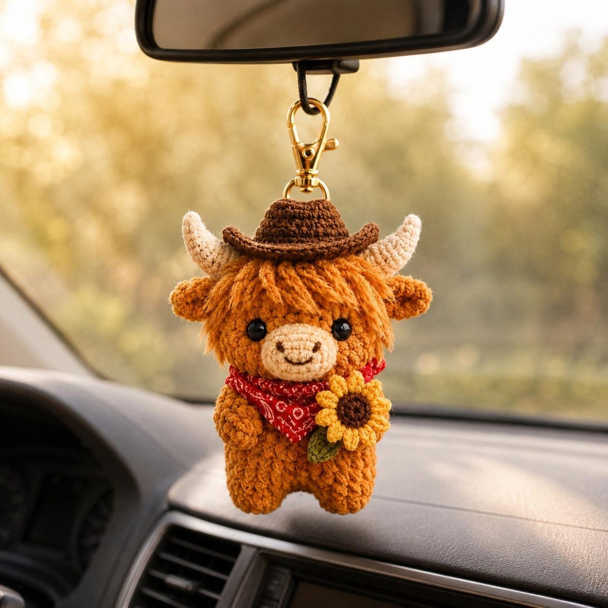 Crochet Highland Cow Keychain, Cowboy Cow Plush with Sunflower, Cute Car Mirror Hanging Charm, Farmhouse Bag Clip, Country Gift for Her