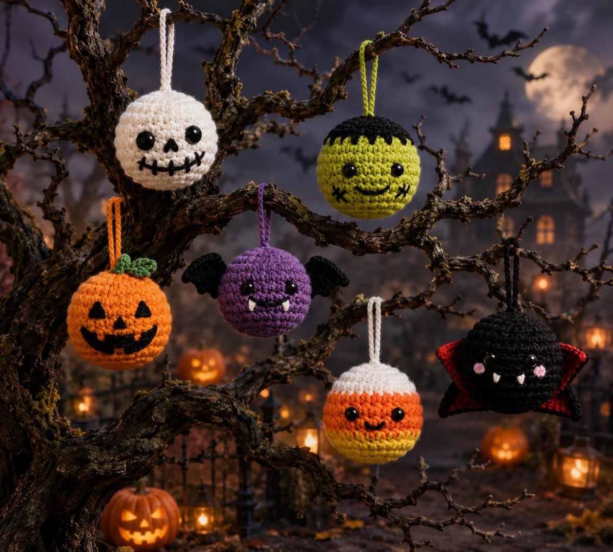 Handmade Crochet Halloween Ornaments, Spooky Tree Decorations, Ghost Spider Pumpkin Bat Skull Witch Hat Hanging Charms, Halloween Tree Decor